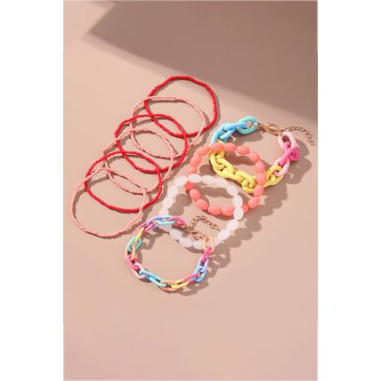 Pink Colorful Beaded Chain Link Layered Bracelet Set