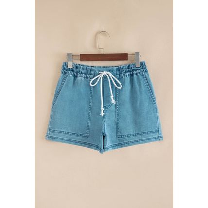 Beau Blue Contrast Drawstring Elastic Waist Denim Shorts