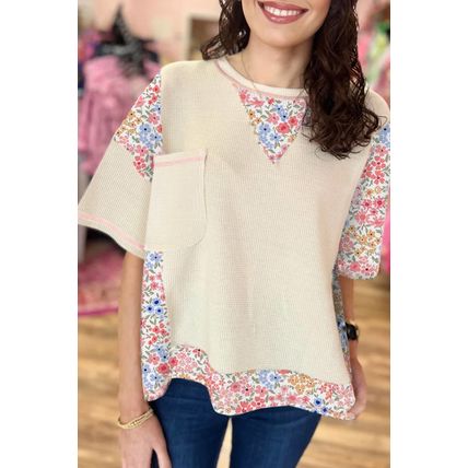 Beige Floral Patchwork Chest Pocket Wide Sleeve Waffle T Shirt