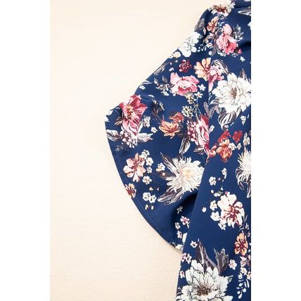 Blue Floral Short Sleeve Scoop Neck Casual Blouse
