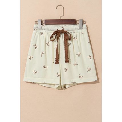 White Bow Print Lace Drawstring Casual Shorts
