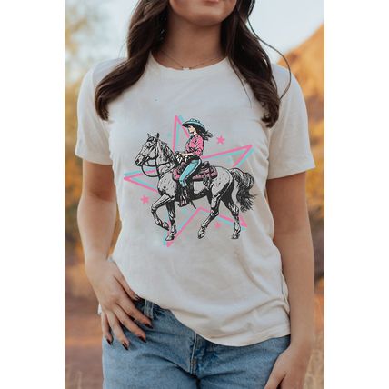 White Star Cowgirl Graphic Round Neck T Shirt