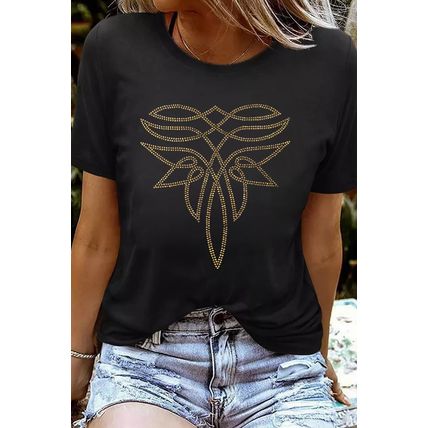 Black Rhinestone Western Pattern Cotton Blend Graphic T Shirt
