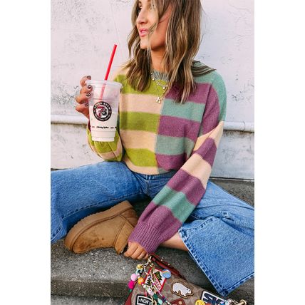 Green Stripe Drop Shoulder Ribbed Edge Casual Sweater