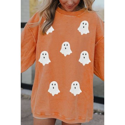 Orange Twisted Ribbed Texture Halloween Ghost Sequin Patched Sweatshirt