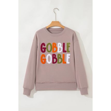 Dark Khaki GOBBLE Letter Graphic Thanksgiving Shift Sweatshirt