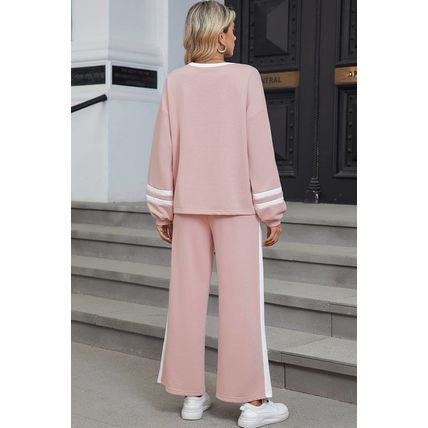 Pink Varsity Stripe Patchwork Puff Sleeve Pullover Drawstring Wide Leg Pant Set
