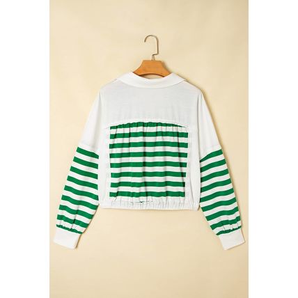 Green Stripe Colorblock Collared V Neck Cropped Knit Pullover