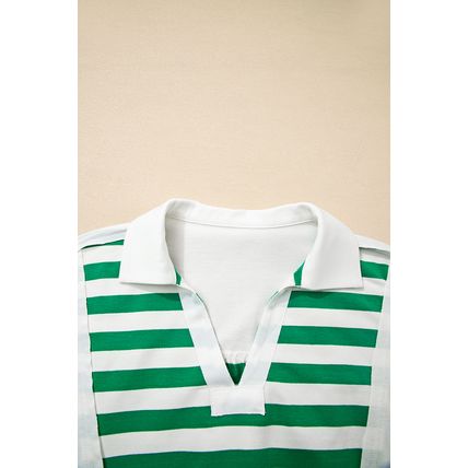 Green Stripe Colorblock Collared V Neck Cropped Knit Pullover