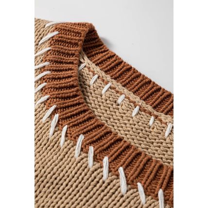 Light French Beige Contrast Stitch Detail Color Block Knitted Plus Size Sweater