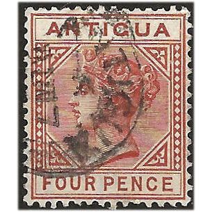 Antigua 1887 SG28 4d Chestnut Wmk Crown CA Perf 14 Good+/Fine Used . ..