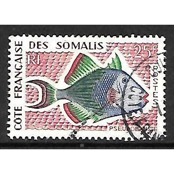 FRENCH SOMALI COAST 1958 FISHES 25F YELLOW WEDGED TRIGGERFISH SG443 F / U
