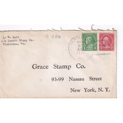 United States 1938 Claiborne MD-New York NY Cover Claiborne cancel typed VGC