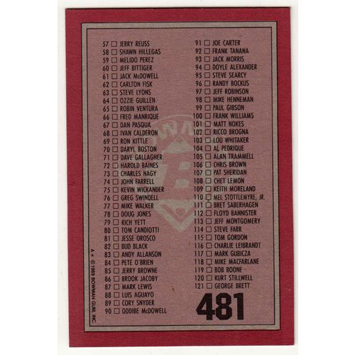 1989 Bowman Baseball Checklist unmarked card #481