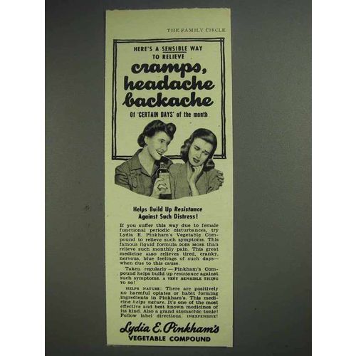 1945 Lydia E. Pinkham's Compound Ad - Cramps, Headache