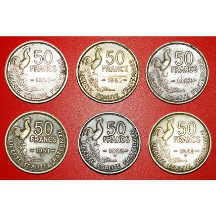 COCK (1950-1958): FRANCE ★ 50 FRANCS COMPLETE SET 6 COINS! LOW START★NO RESERVE!