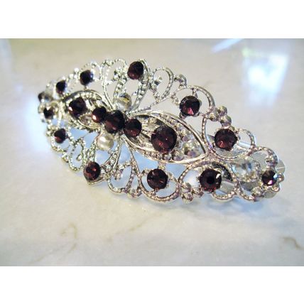 Silver filigree hair clip barrette with purple crystals bridal hair clip