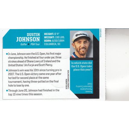DUSTIN JOHNSON 2016 AUTOGRAPHED PGA GOLF TOUR MAJOR CHAMPION PLAYER CARD