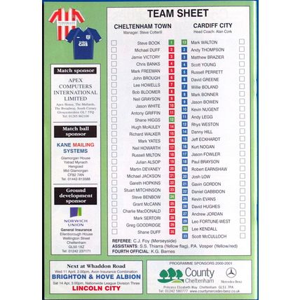 MATCH PROGRAMME 2000-01 CHELTENHAM TOWN v CARDIFF CITY (VG to Ex - No Writing)
