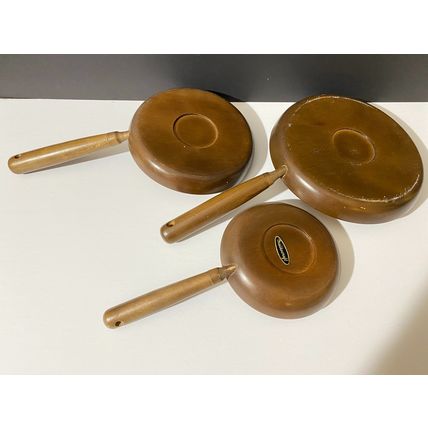 Wooden Dishes, Detachable Handles, Set Of 3, Vintage, Brown, Round Plate, Wooden