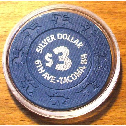Silver Dollar $3. Casino Chip - 6th Avenue - Tacoma, Washington - UNICORN Mold