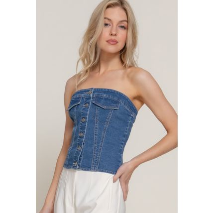 Button Down Placket Stretch Denim Tube Top