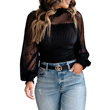 Black Sheer Dotty Long Sleeve Ribbed Velvet Bodysuit