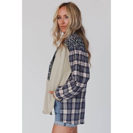 Blue Floral Plaid Mixed Print Bishop Sleeve Patchwork Top