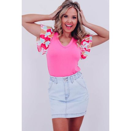 Bonbon V Neck Printed Ruffle Sleeve Patchwork T-shirt