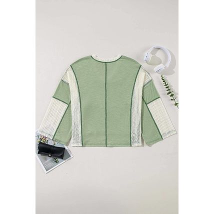 Grass Green Crochet Detail Exposed Seam High Low Loose Top