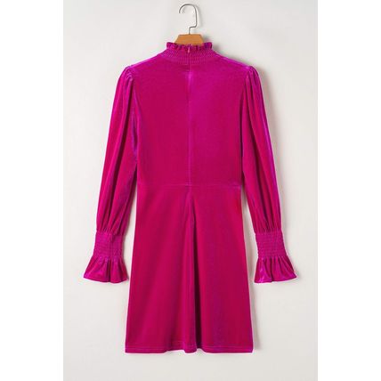 Rose Red Smocked Mock Neck Ruffled Puff Sleeve Velvet Mini Dress