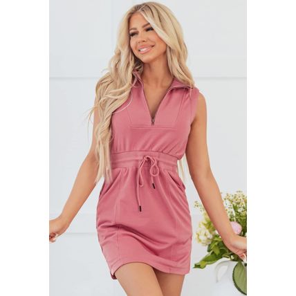 Mineral Red French Terry Zipped Collar Sleeveless Drawstring Waist Mini Dress