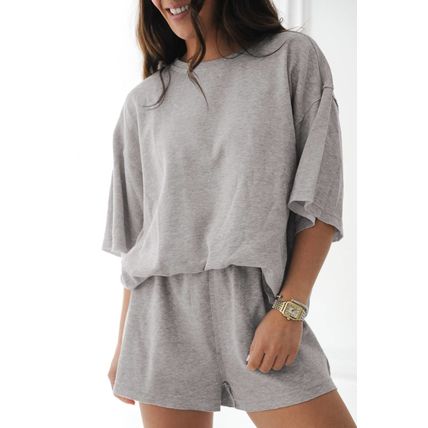 Gray Solid Color Loose Tee 2 Piece Shorts Set