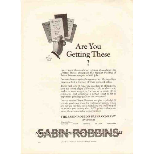 sabin robbins paper company 1926 winning hand mill jobs vintage ad