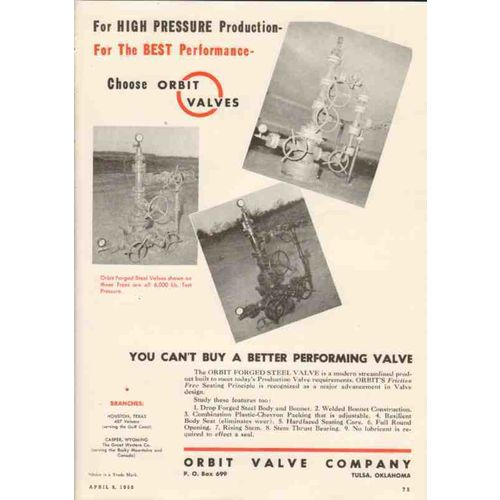 orbit valve company 1950 high pressure production gas oil vintage ad