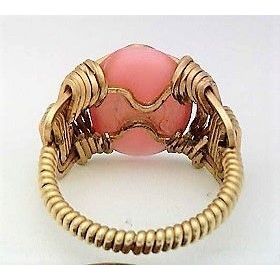 Pink Cat Eye Glass Gold Wire Wrap Gemstone Ring sz 4