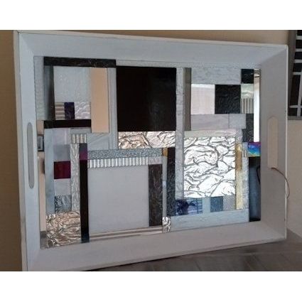 New White Wood TRAY mosaic in black, white, gray & mirror glass w/resin finish