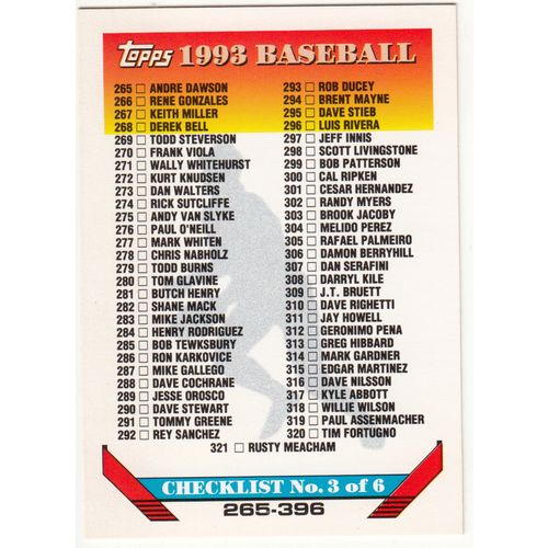 1993 Topps Baseball Checklist 3 of 6 unmarked card 265-396