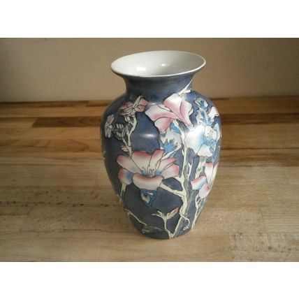 Blue & Pink Oriental Design Hand Painted Floral Vase