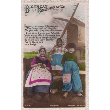 Happy Birthday English Children In Dutch Costume Windmill Old Greetings Postcard