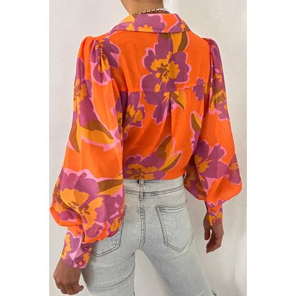 Orange Floral Print Lantern Sleeve Shirt