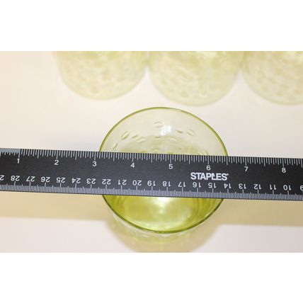 Set of 13 oval, green bubbled glass drinking glasses, 12 fluid oz capacity