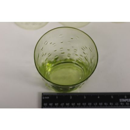 Set of 13 oval, green bubbled glass drinking glasses, 12 fluid oz capacity