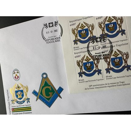 Togo 2022 FDC 1er jour M/S Gold doré Mi. ? 50 ans Grande Loge franc-maçons