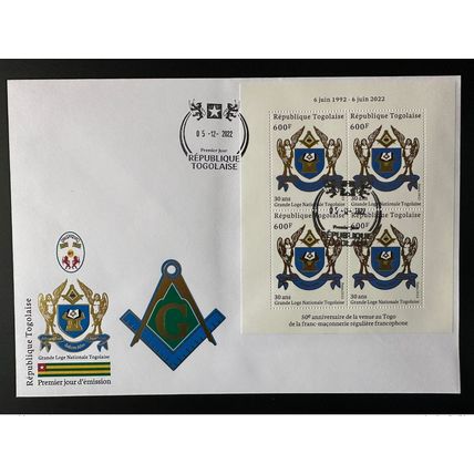 Togo 2022 FDC 1er jour M/S Gold doré Mi. ? 50 ans Grande Loge franc-maçons
