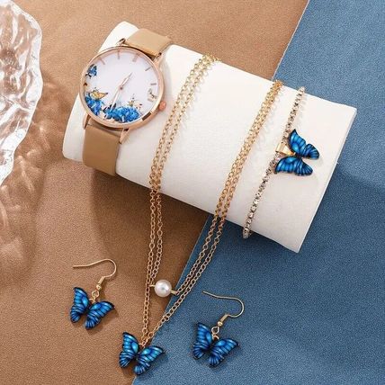 Women's Watch Butterfly Fashion Casual Analog Wrist Watch & 4pcs Jewelry Set