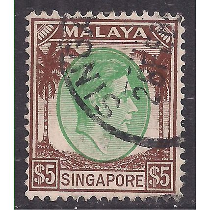 Singapore Malaya 1948 KGV1 $5 Brown & Green used SG 15 ( L913 )