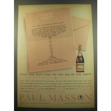 1960 Paul Masson Pink Champagne Ad - Only one man came to the aid of the party