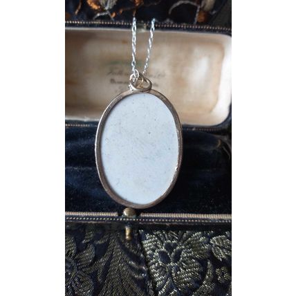 Antique Vintage 1940-s Silver Ceramic Pendant on Modern 18 inch Chain.
