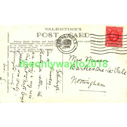 Princes Street Gardens & Scott, Edinburgh, Valentines Art Colour Postcard, 1936